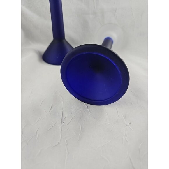 Frosted Cobalt Blue Candlesticks 7in vtg satin glass hourglass colorblock 2pc - Picture 7 of 12